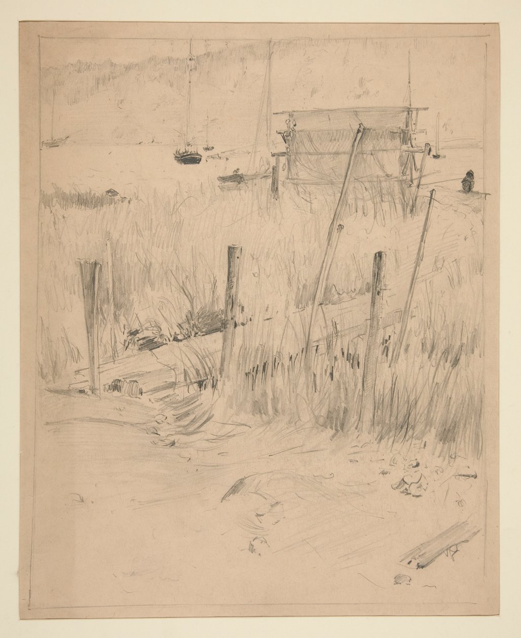 Sketch of an old dock, with weeds growing up around it by Edwin Austin Abbey