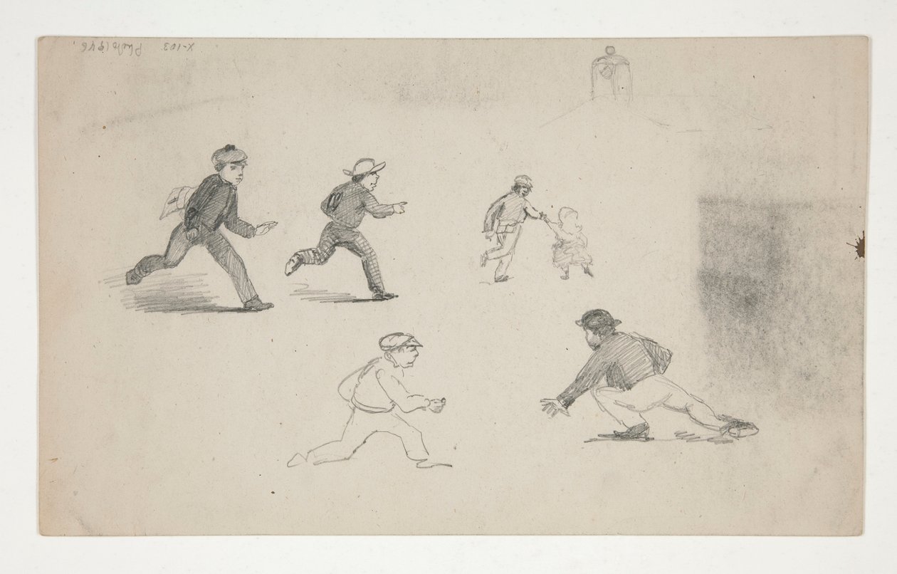 Three Studies (men with horses, study of head) (recto); Six Studies of Running Figures, Study of a Bell Tower (verso) by Edwin Austin Abbey