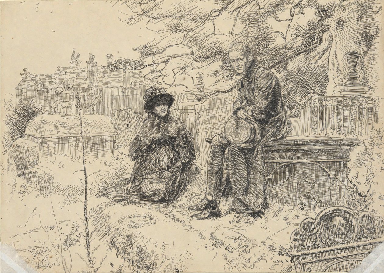 Two figures in a churchyard by Edwin Austin Abbey