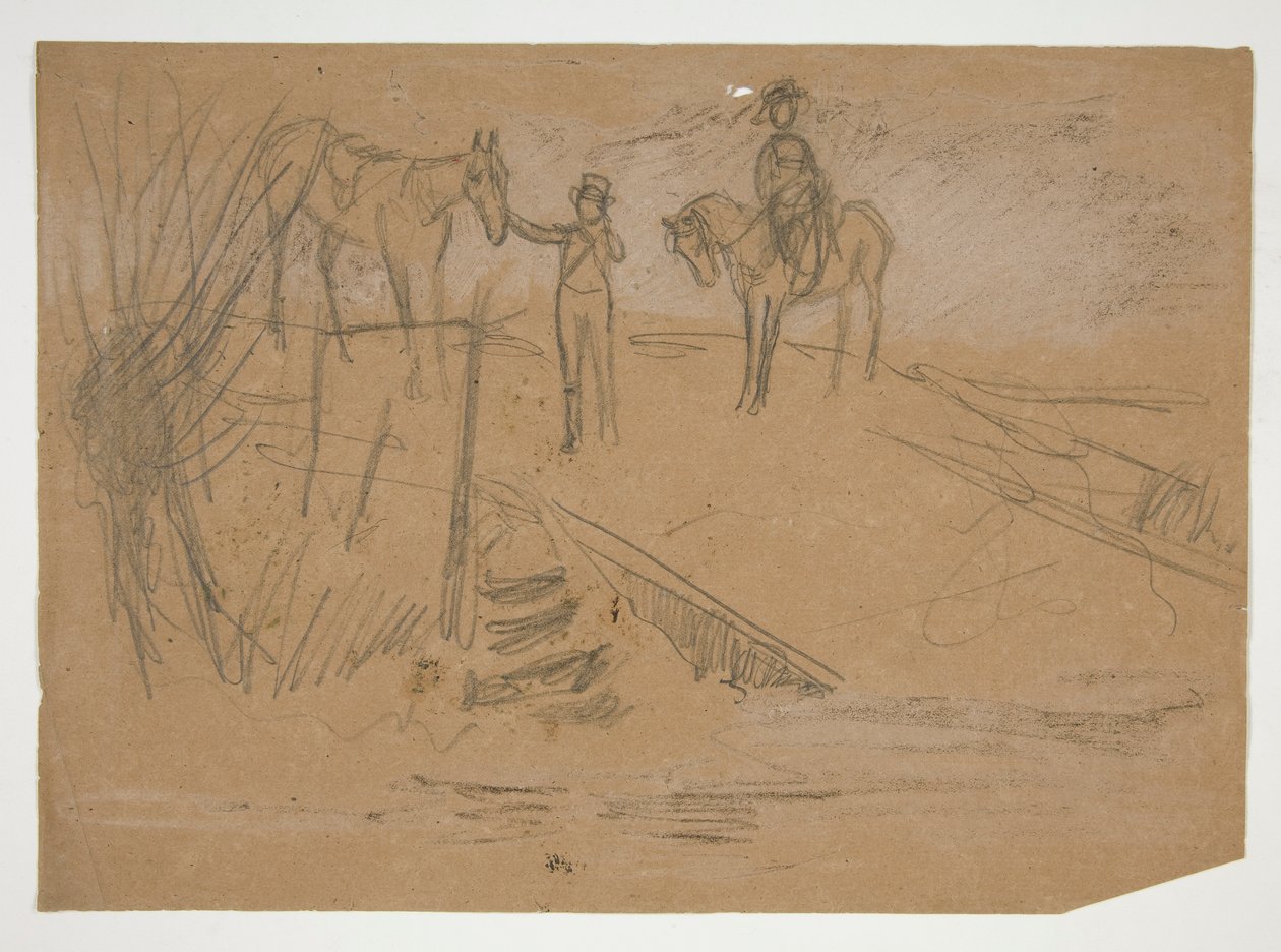 Two Men and Two Horses in a Landscape - Unidentified Illustration by Edwin Austin Abbey