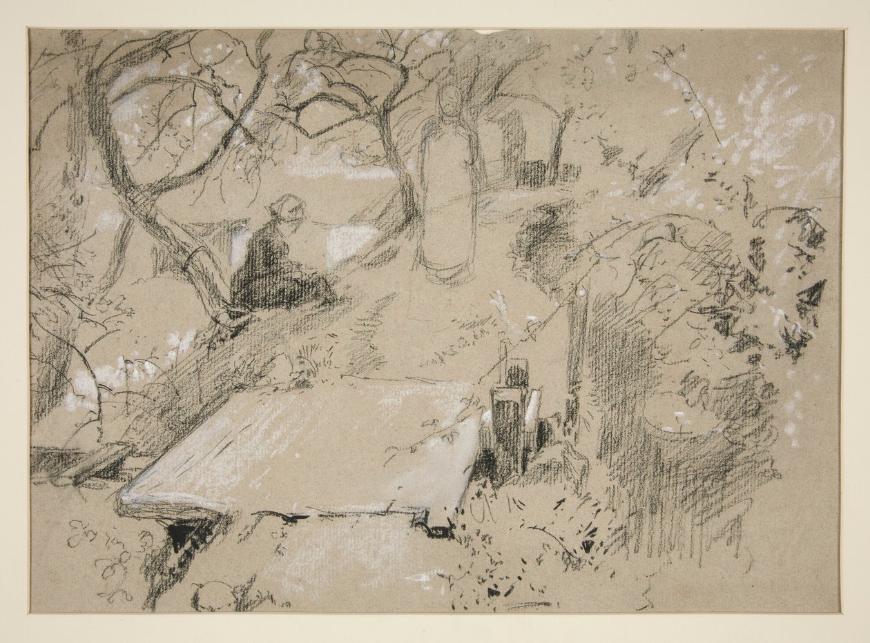 Woman Seated on Bench in a Garden or Public Park - Unidentified Illustration by Edwin Austin Abbey