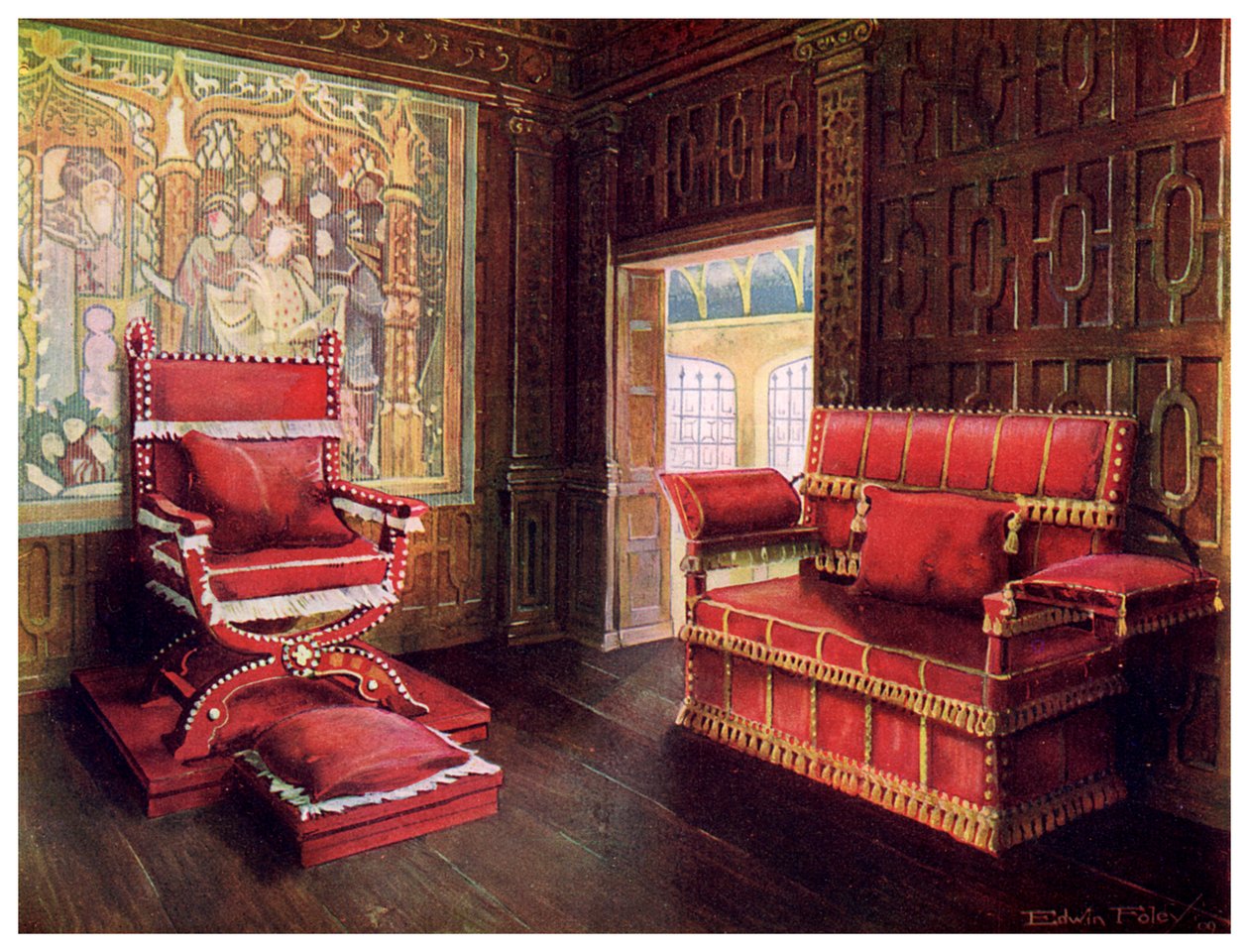 Upholstered chair and couch with adjustable ends by Edwin Foley