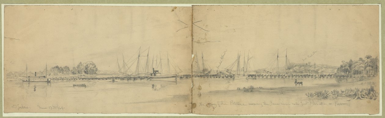 The Army of the Potomac crossing the James River near Fort Powhatan on pontoons by Edwin Forbes