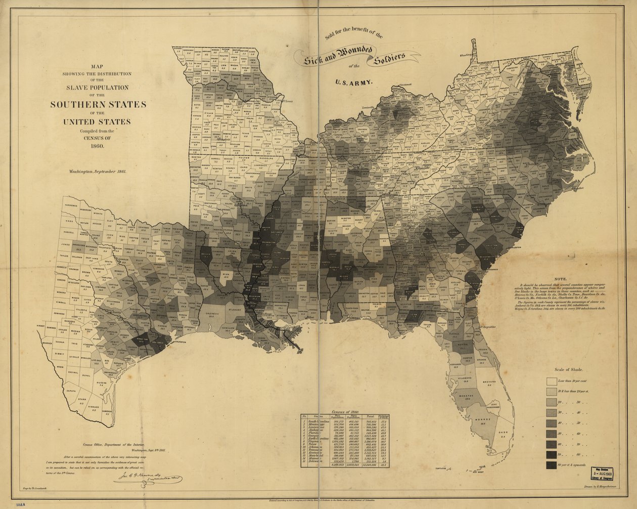 Map Showing the Distribution of the Slave Population of the Southern States of the United States, Compiled from the Census of 1860 by Edwin Hergesheimer