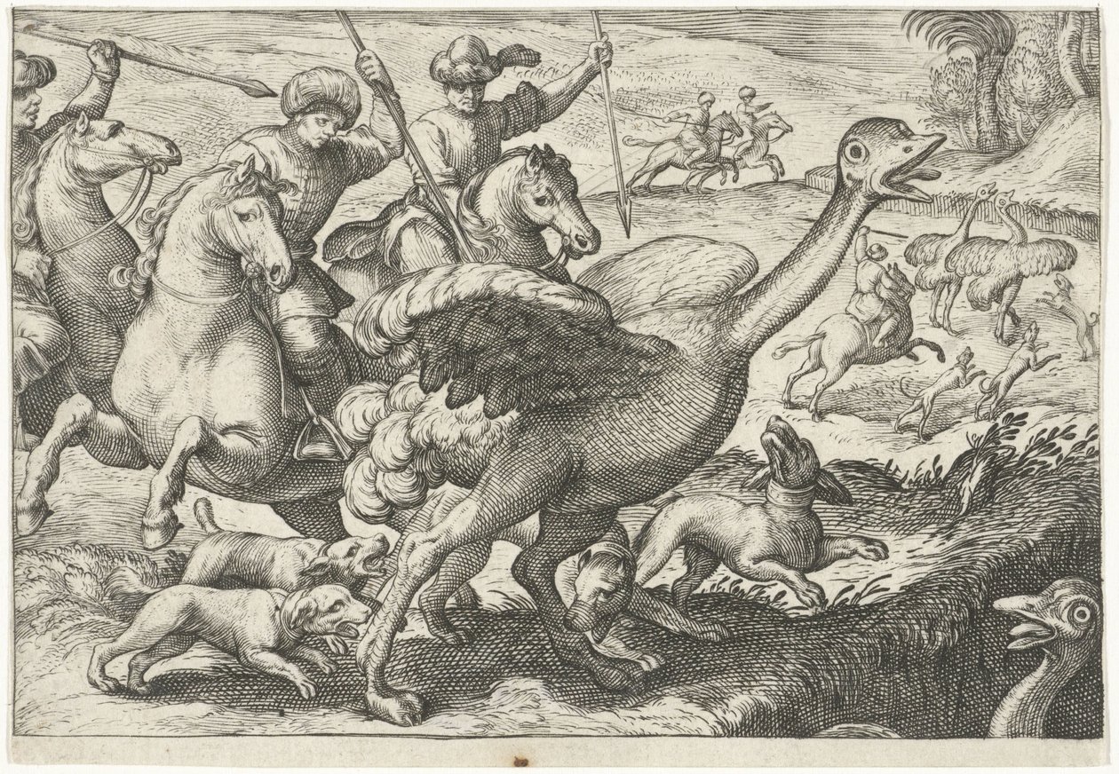 Landscape with Ostrich Hunt (Hunting Scenes, Icones Venantum Species Varias Representantes) by Egbert Jansz.
