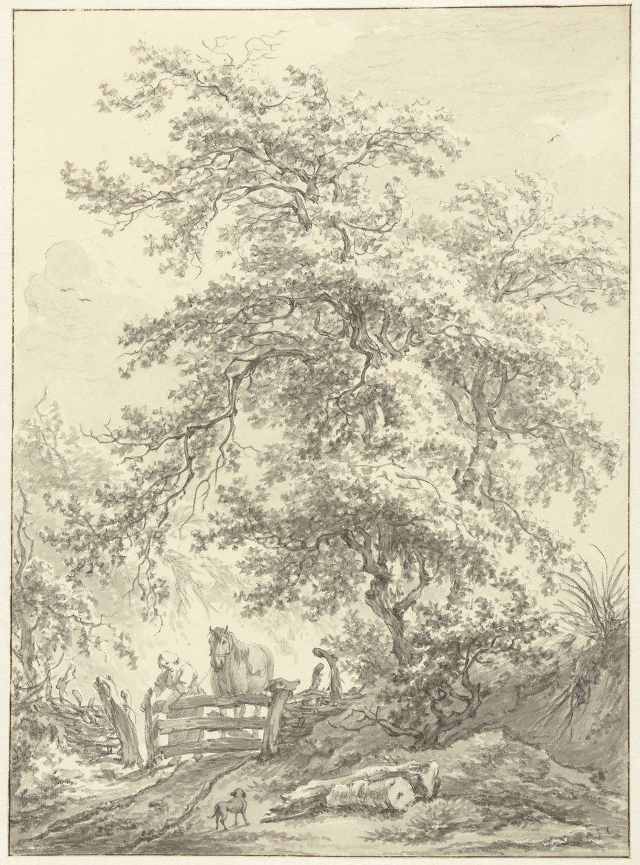 Woman with Horse by Fence under Large Tree by Egbert van Drielst