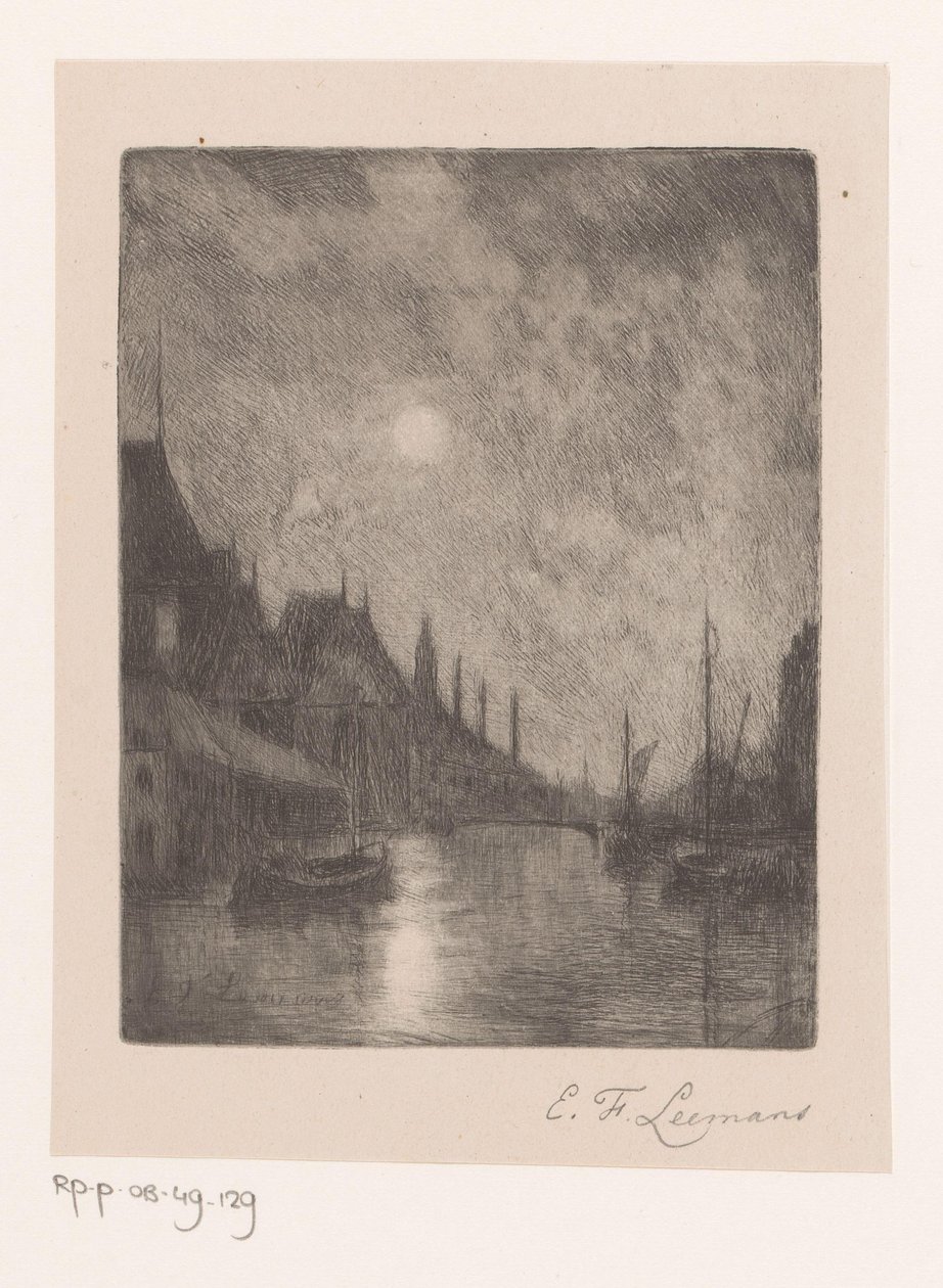 River View in a City at Night by Egide François Leemans (signed by artist)
