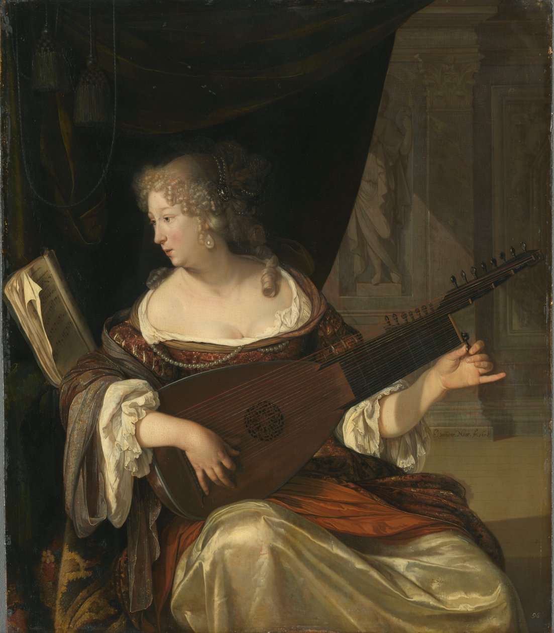 Woman Tuning a Theorbo by Eglon van der Neer