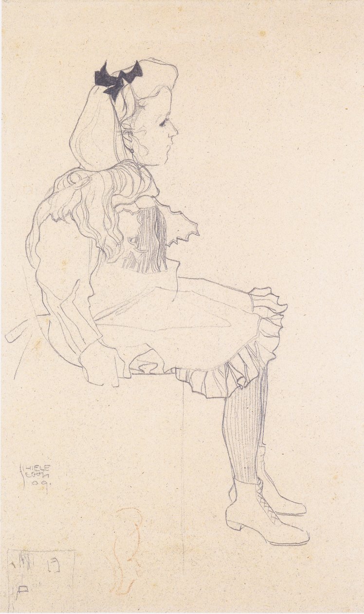 Seated Girl with Hair Bow by Egon Schiele