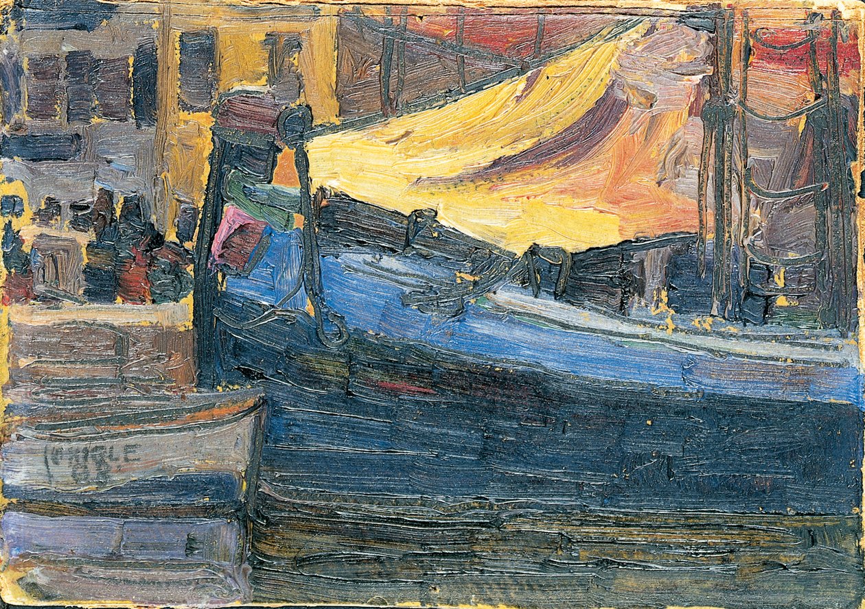 Anchored Boats with a House Wall in the Background by Egon Schiele