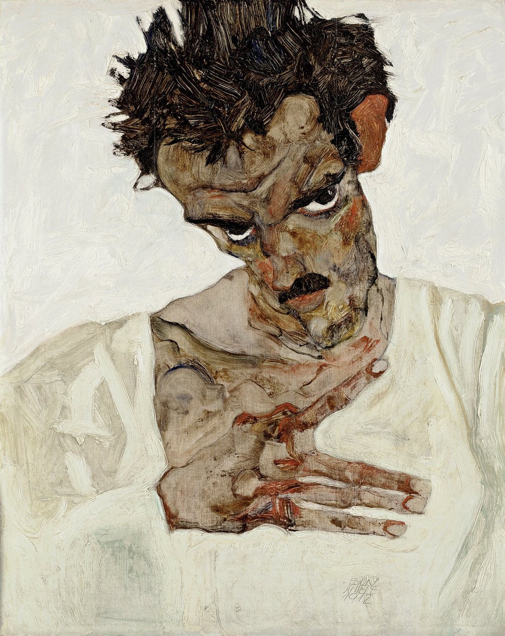 Self-Portrait with Head Bowed - Painting by Egon Schiele (Oil on Wood) by Egon Schiele
