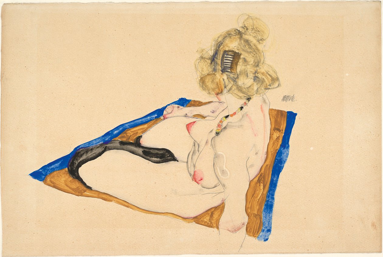 Blonde Nude Seated on a Brown Rug with a Blue Border by Egon Schiele