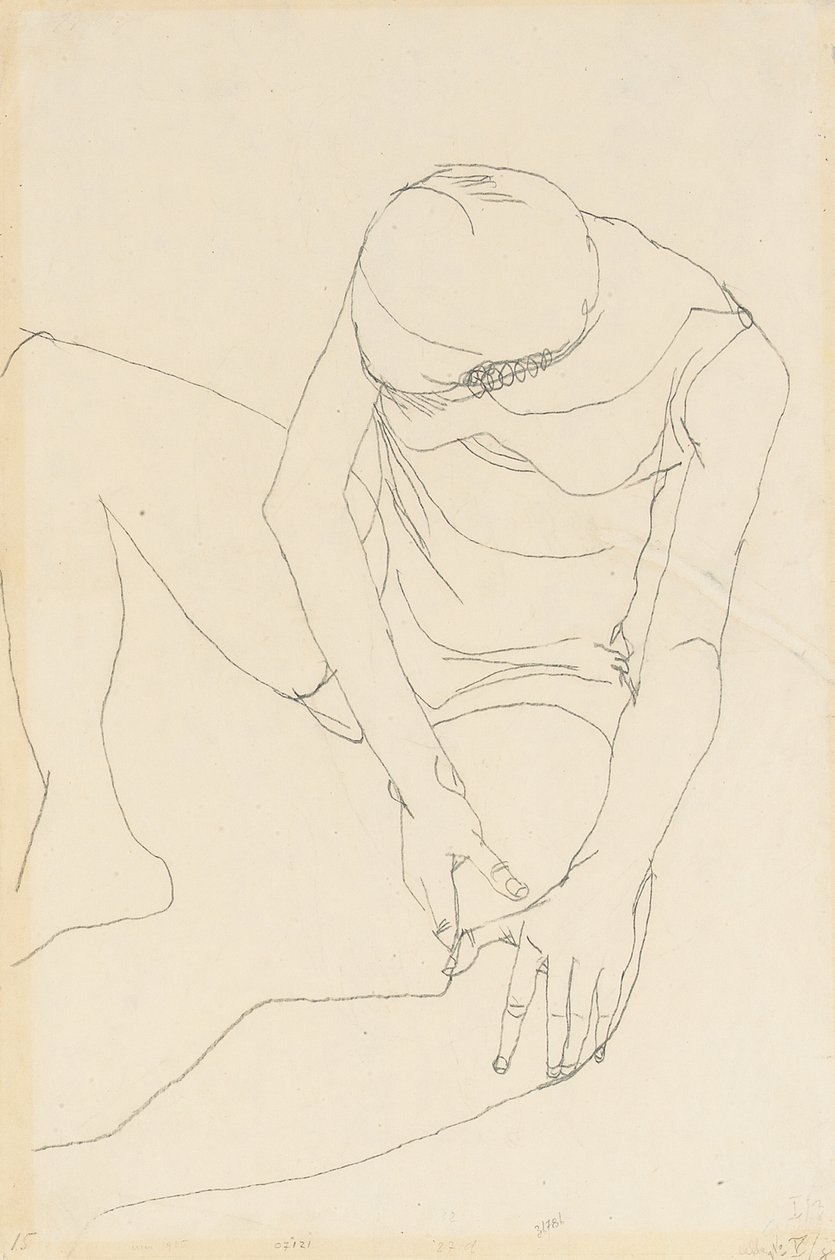 Female Nude Bent Forward, Both Hands on the Left Thigh by Egon Schiele