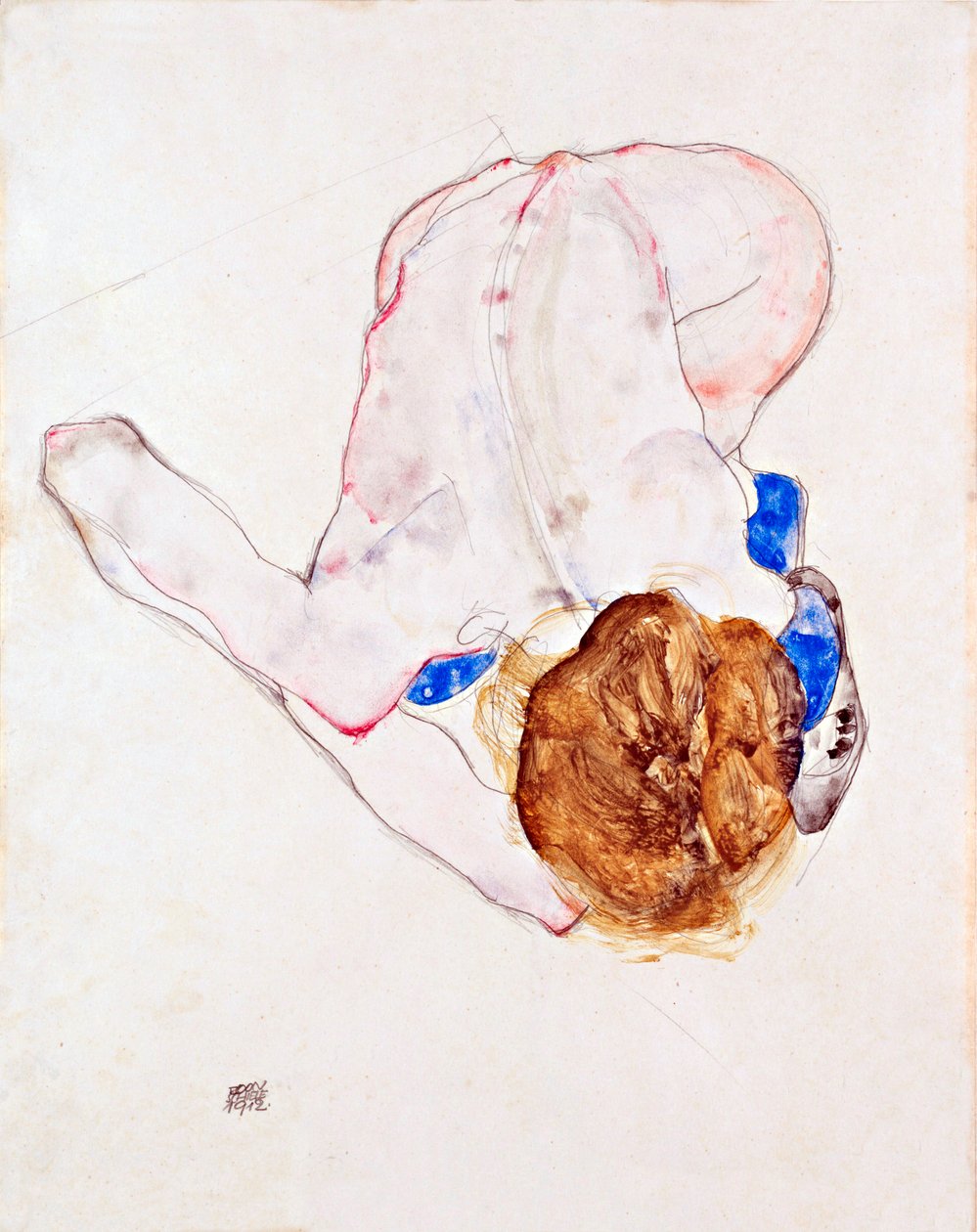 Nude Woman with Blue Stockings, Leaning Forward by Egon Schiele