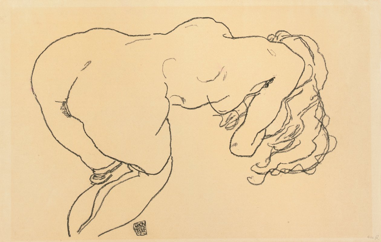 Long-haired Nude, Leaning Forward, Back View, 1918 by Egon Schiele