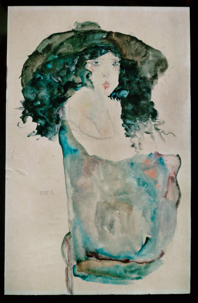 Girl with Blue-Black Hair and Hat by Egon Schiele