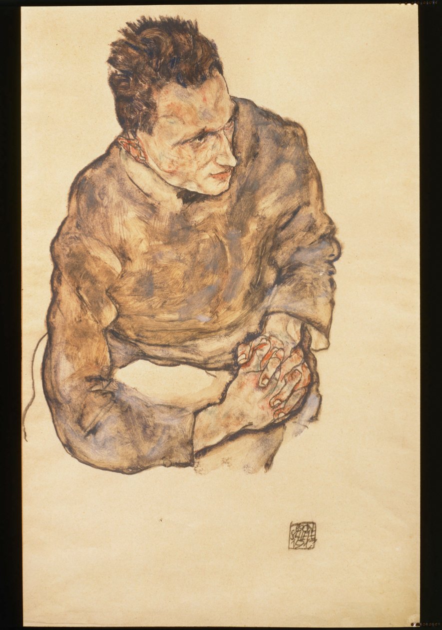 Portrait of Karl Grünwald with Clasped Hands by Egon Schiele