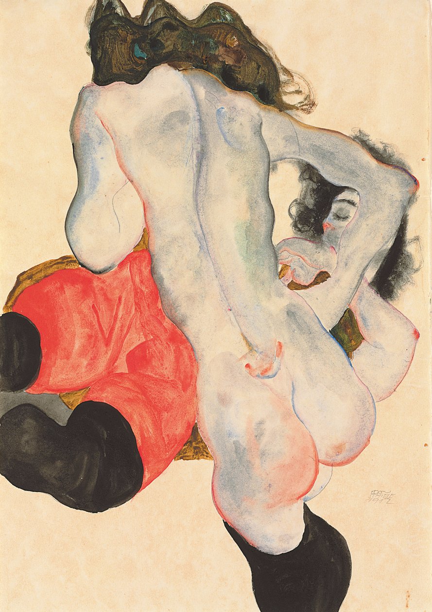 Reclining Woman in Red Trousers and Standing Female Nude by Egon Schiele