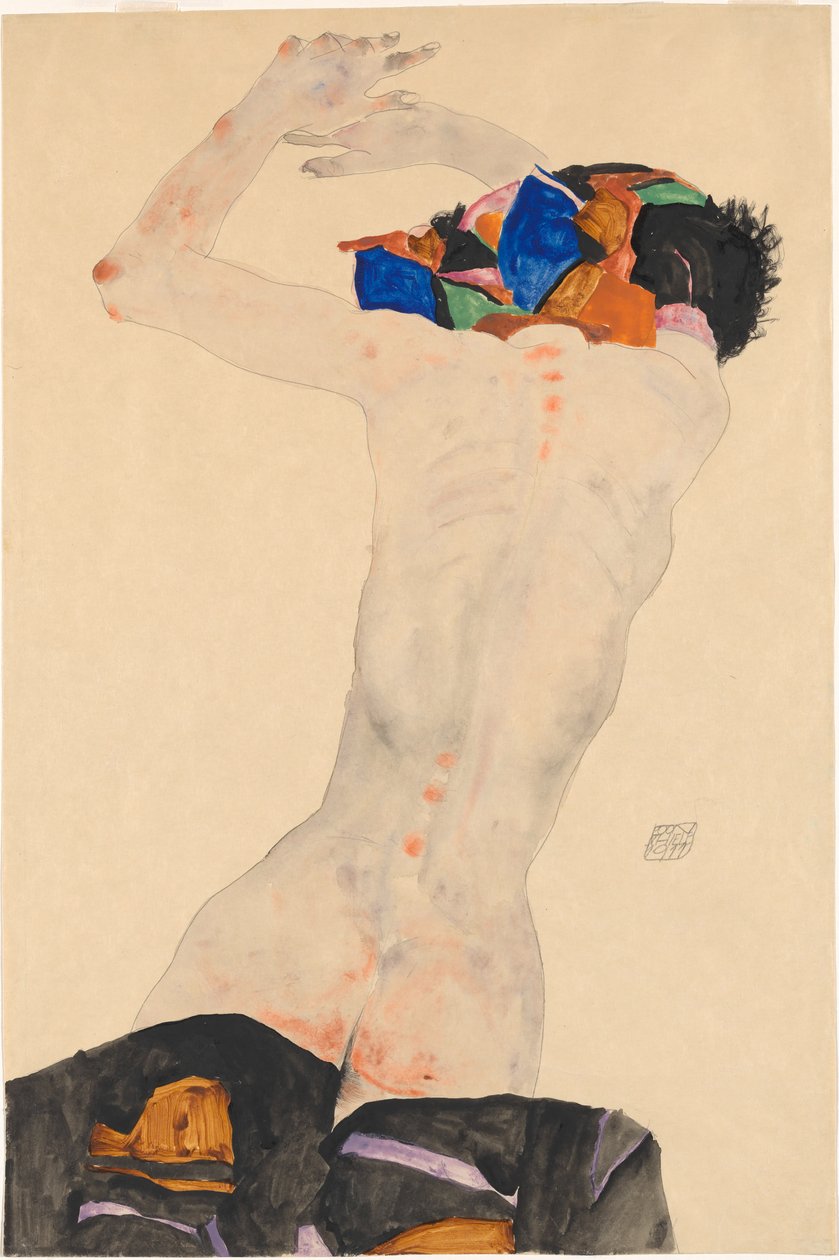 Nude from the back with a colored cloth by Egon Schiele