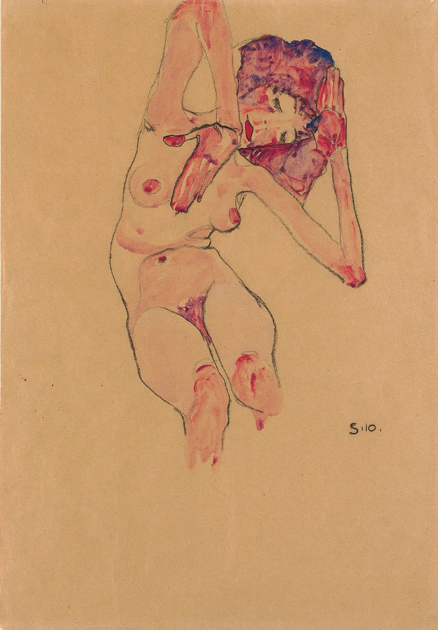 Seated Female Nude with Bowed Head and Raised Arms by Egon Schiele
