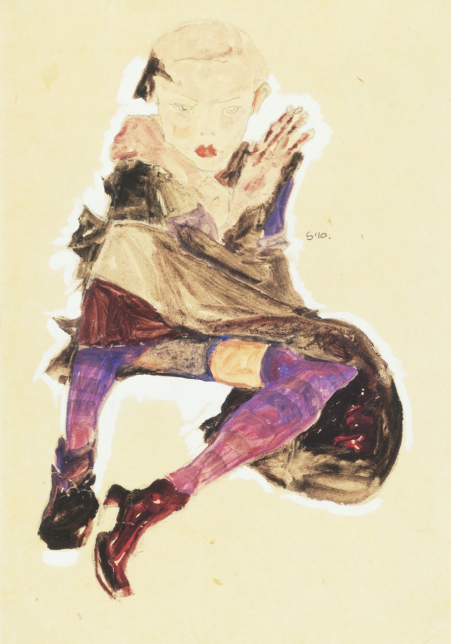 Seated Girl with Striped Stockings by Egon Schiele