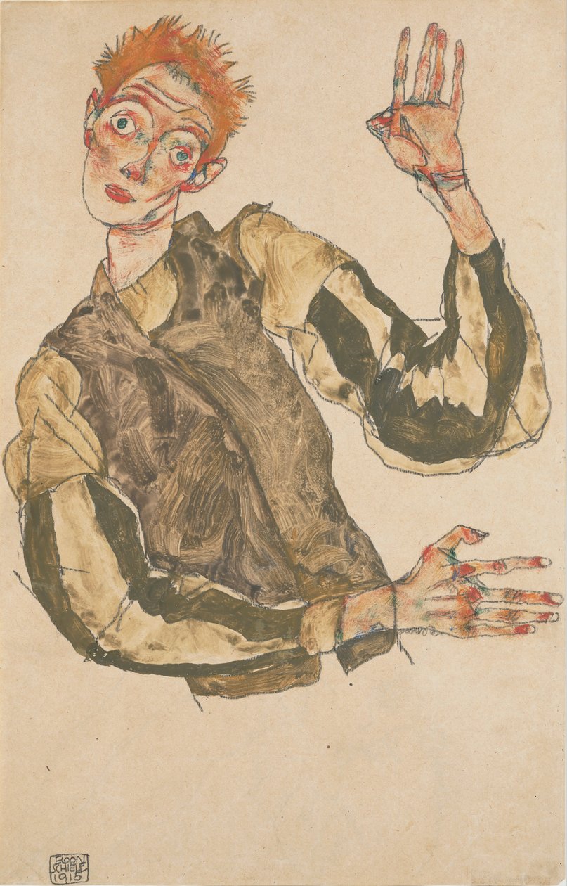 Self-Portrait with Striped Sleeve Protectors by Egon Schiele