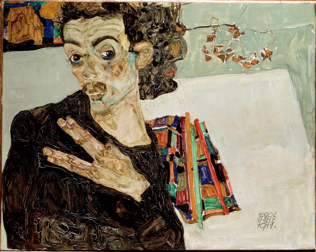 Self-Portrait with Fingers Apart by Egon Schiele