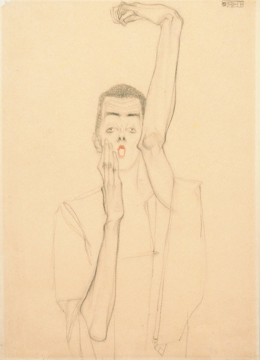 Self Portrait with a Raised Arm and Red Mouth by Egon Schiele