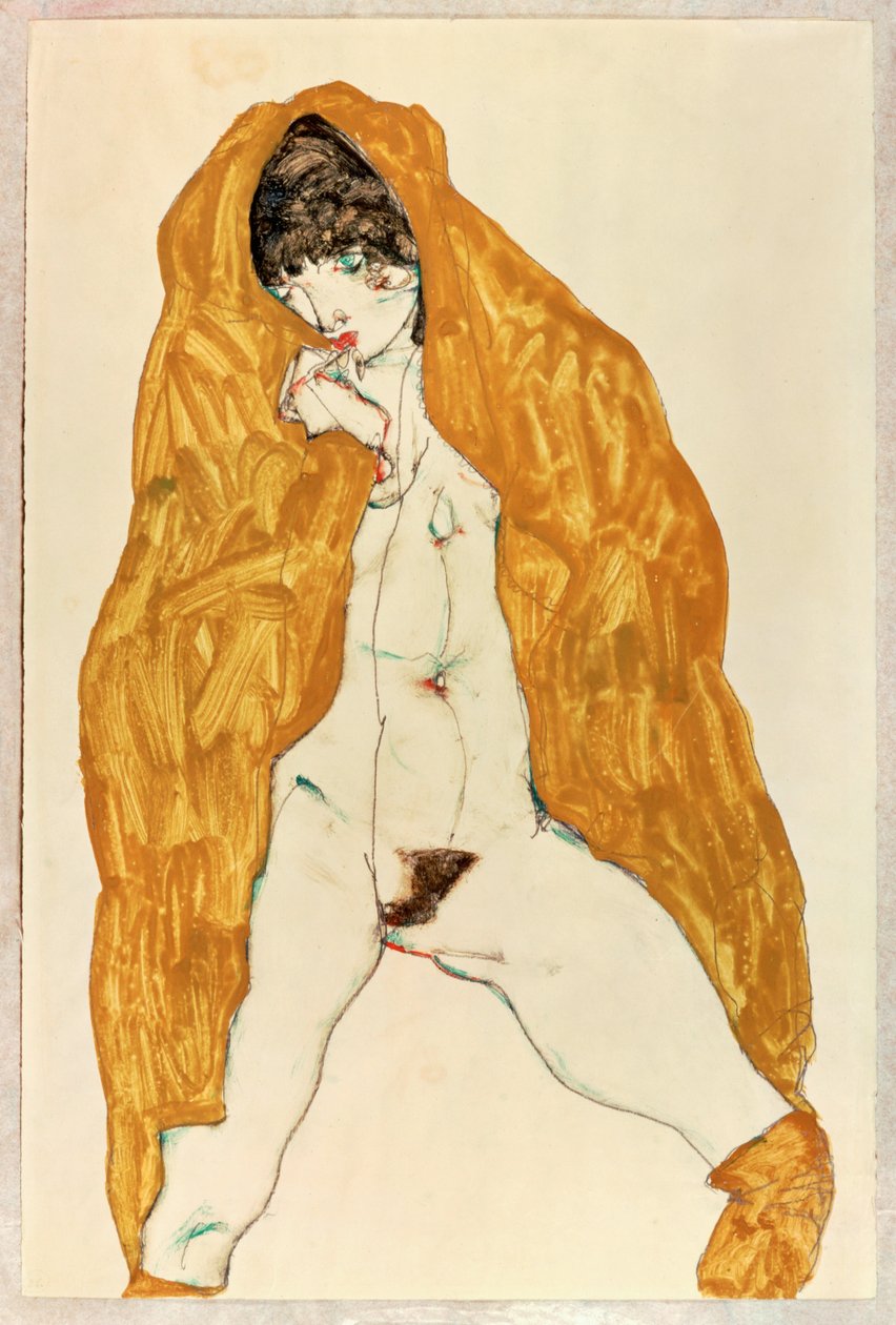 Standing Nude with Spread Legs and Yellow-Brown Drapery by Egon Schiele