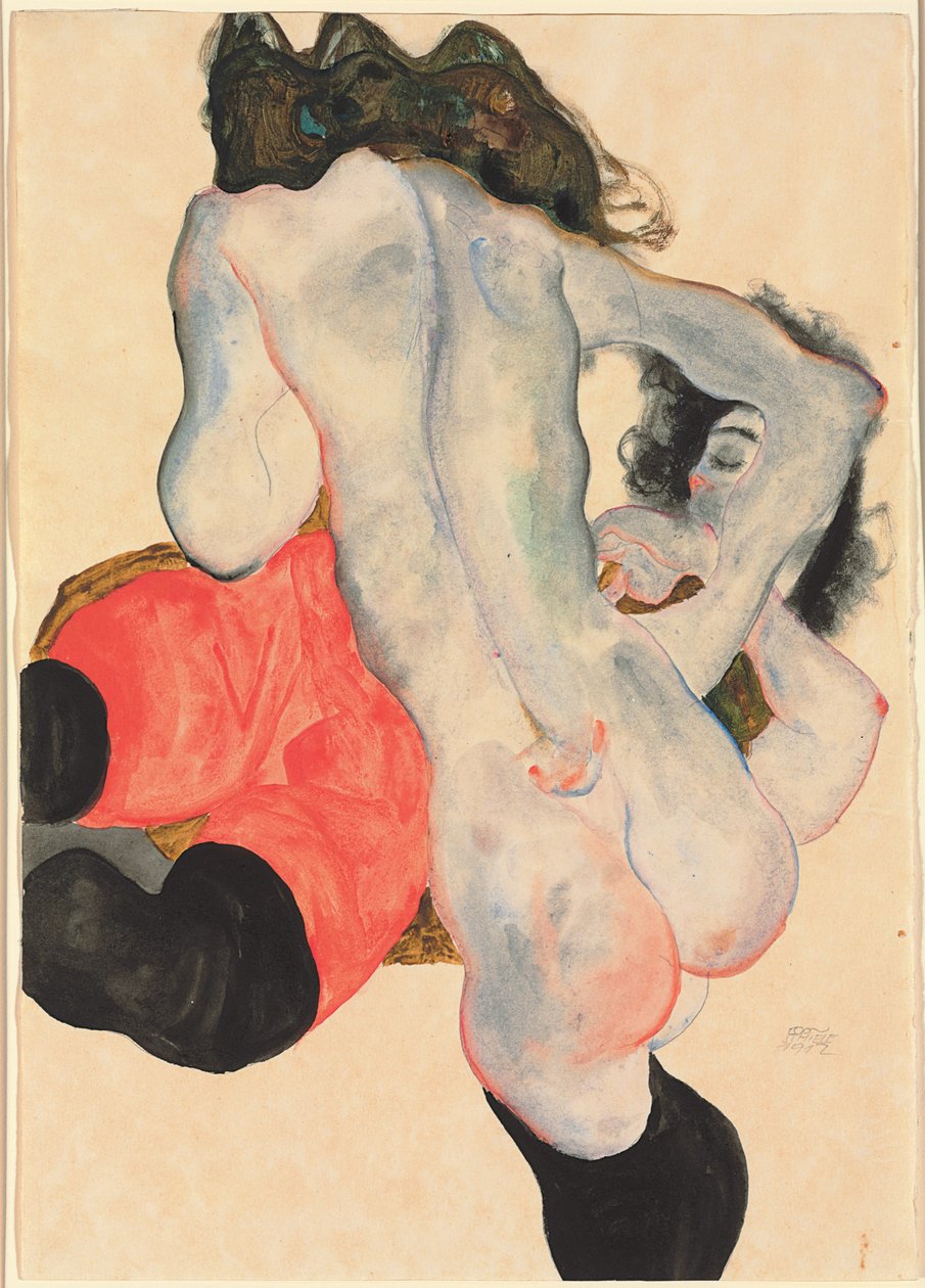 Woman with Red Pants and Standing Female Nude by Egon Schiele