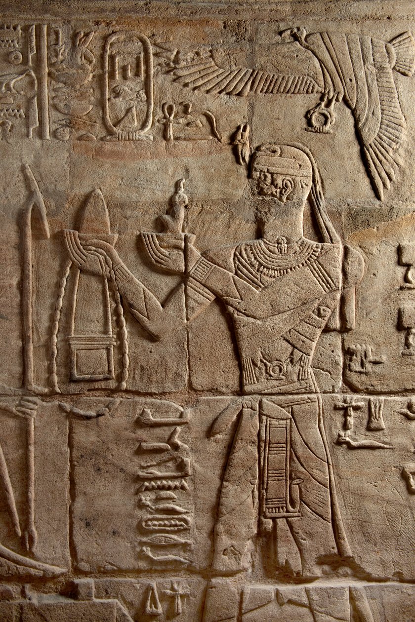 Relief on a shrine erected by Pharaoh Taharqa in the court of the Temple of Amun built by him at Kawa in Nubia, 25th Dynasty, Late Period, 690-64 BC sandstone (detail) by Egyptian 25th Dynasty