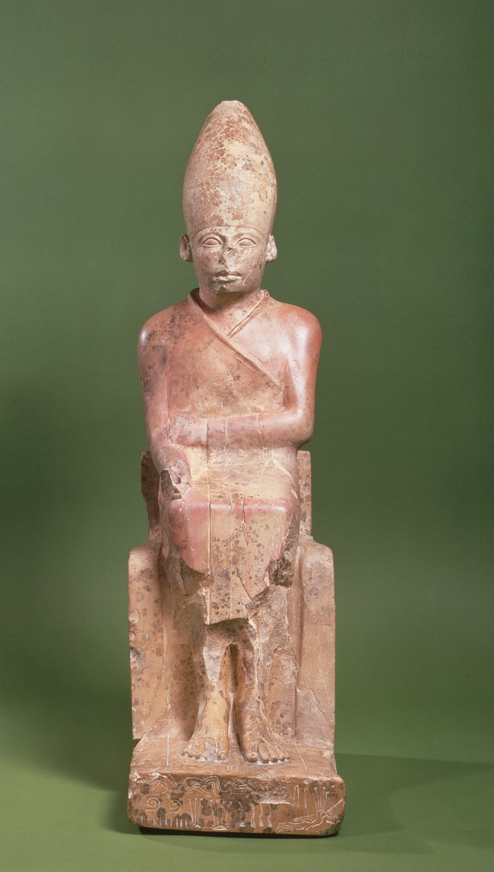 Seated statue of Pharaoh Khasekhem with conquered foes incised around the base, found at Hierakonpolis, c.2700 BC by Egyptian 2nd Dynasty