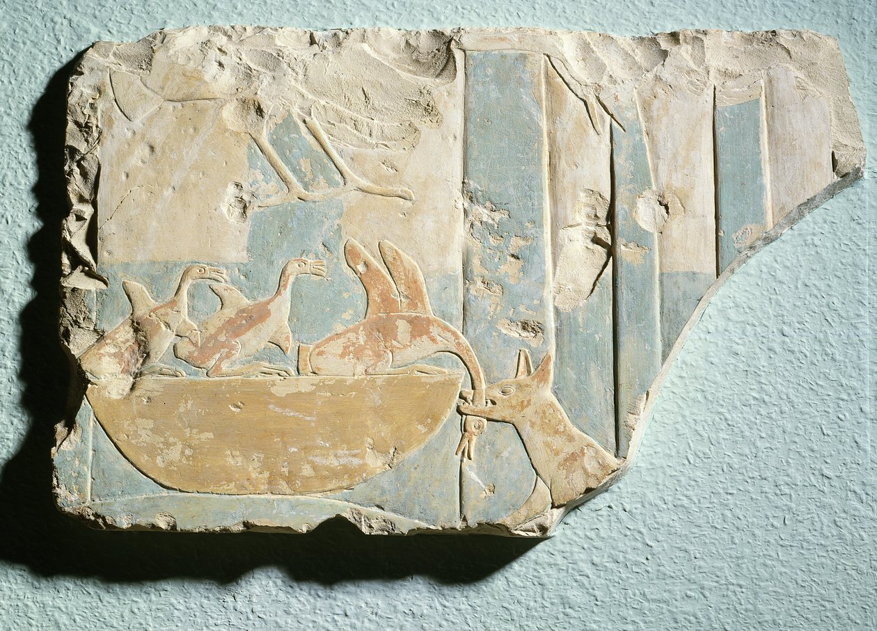 Relief depicting a raid by a dog-like animal on a birds nest, from the funerary temple of King Montuhotep II by Egyptian 11th Dynasty