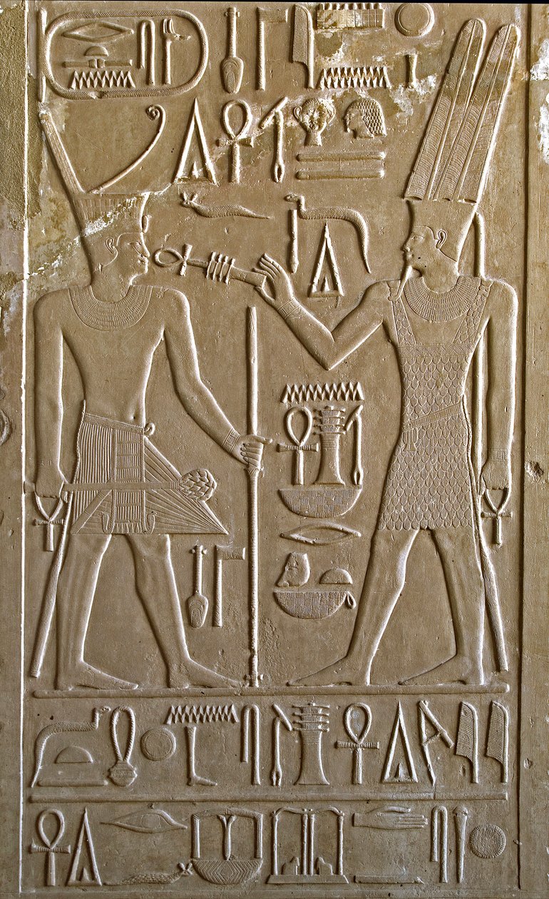 Egyptian Antiquity: Hieroglyph Depicting Sesostris I Receiving Symbols of Life and Health from Amon RA by Egyptian 12th Dynasty