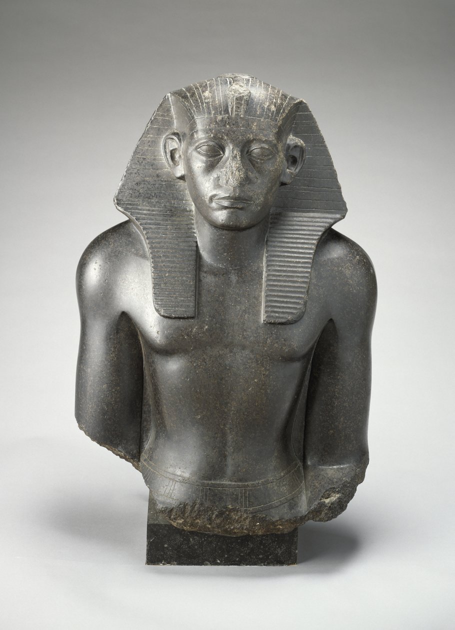 Male head and torso of a sitting statue of King Sesostris III of Egypt by Egyptian 13th Dynasty
