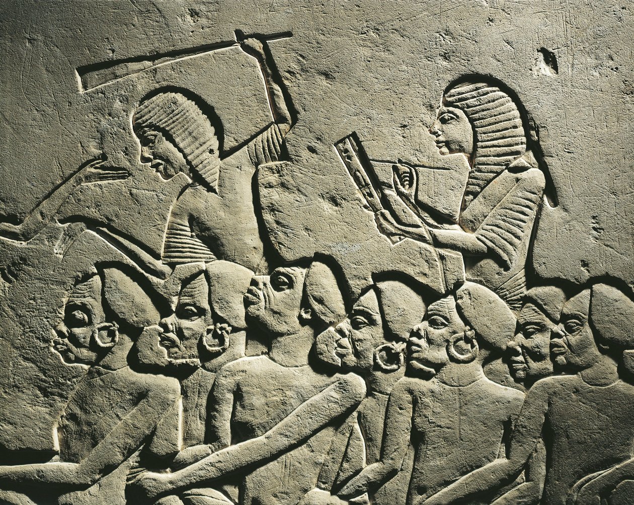 Negroid prisoners surrounded by guards armed with clubs while a scribe draws up a report (detail) by Egyptian 18th Dynasty