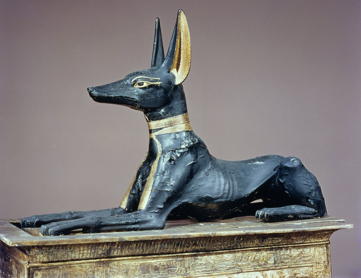 Anubis, Egyptian god of the dead from a chest in the form of a shrine, from the tomb of Tutankhamun by Egyptian 18th Dynasty