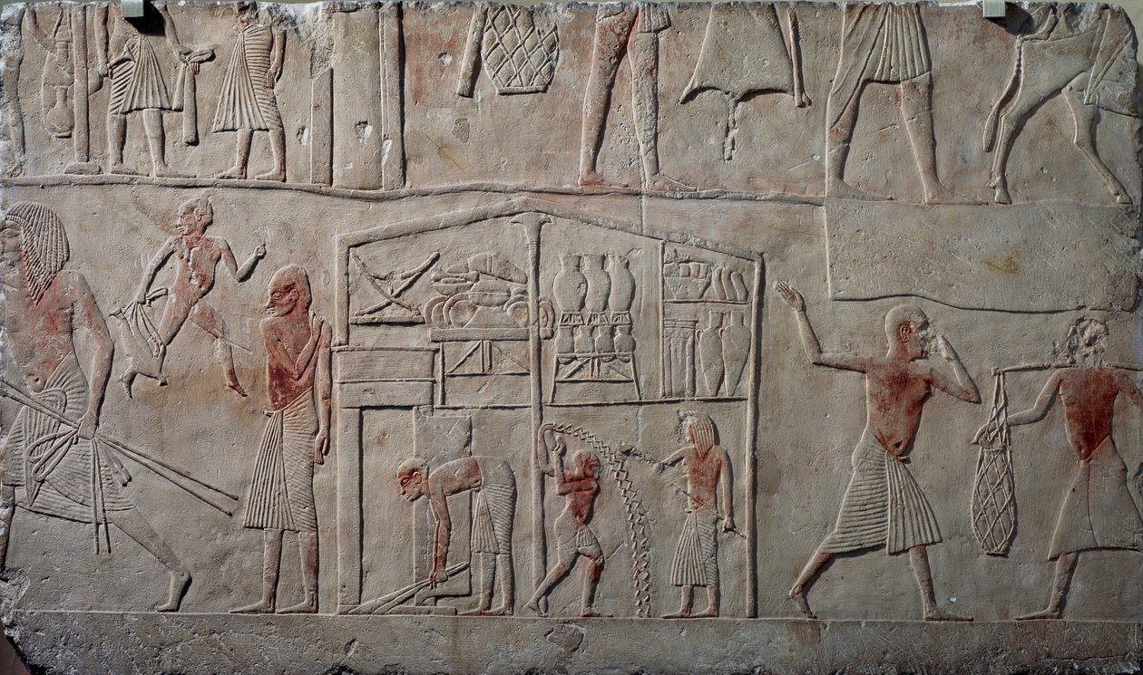 Arrangement of food in warehouses, limestone wall relief, from Memphite Tomb of Horemheb at Saqqara, Egyptian Civilization, New Kingdom, Dynasty XVIII by Egyptian 18th Dynasty