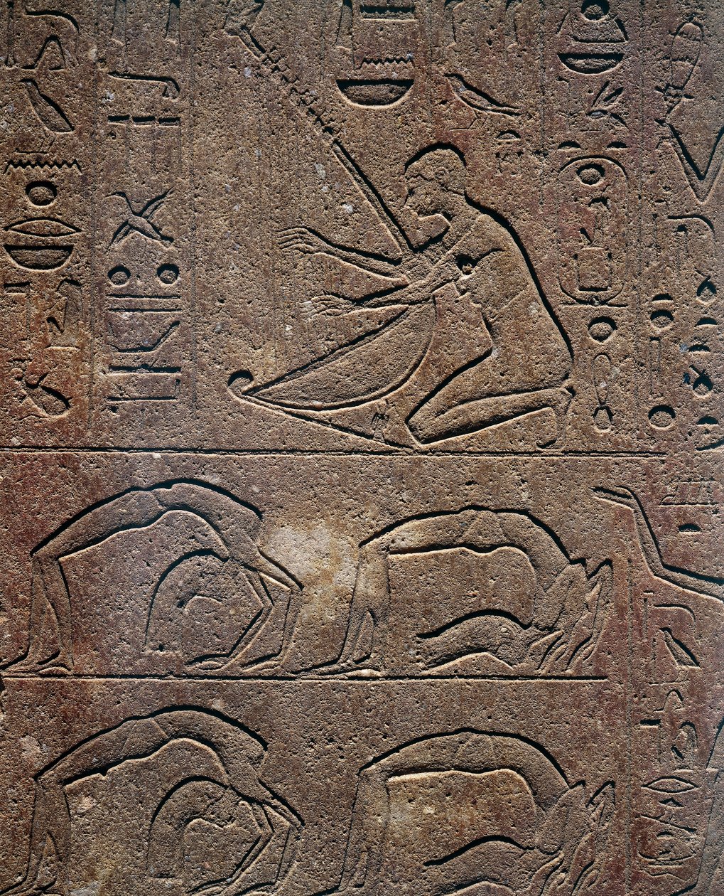 Celebrations with harp player and acrobats, relief, Red Chapel of Hatshepsut, reconstruction exhibited at the Museum of Karnak, Egyptian Civilization, New Kingdom, Dynasty XVIII by Egyptian 18th Dynasty