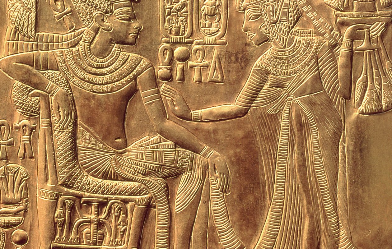 Detail from the Golden Shrine of Tutankhamun Depicting the Queen Anointing Him with Scented Unguent, New Kingdom (detail) by Egyptian 18th Dynasty