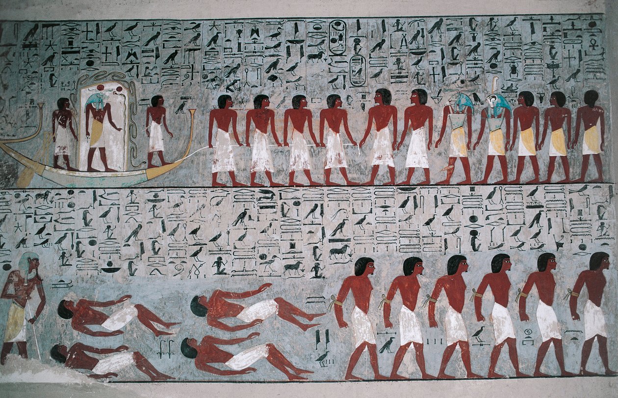 Egypt, Luxor, Valley of the Kings, Tomb of Horemheb, Mural Painting by Egyptian 18th Dynasty