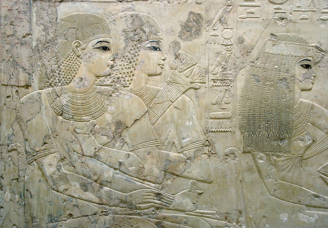 Egyptian antiquity: bas relief representing the guests of a funeral banquet - Tomb of the Vizier Ramose (18th dynasty) - Luxor, Thebes, Tomb of the Nobles Egypt - Egyptian civilization: Bas relief depicting the guests at a funeral banquet, from the Tomb of by Egyptian 18th Dynasty