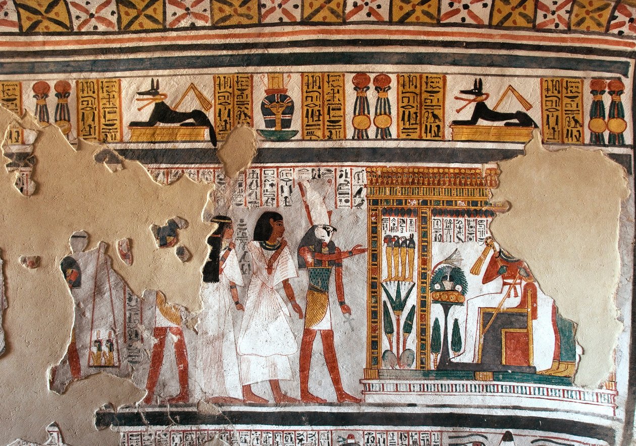 Egyptian Antiquity: Horus Guides Roy and His Wife to Osiris. Fragments of Fresco from the Tomb of Roy (TT255). 18th Dynasty. From the West Bank of Luxor, Egypt by Egyptian 18th Dynasty