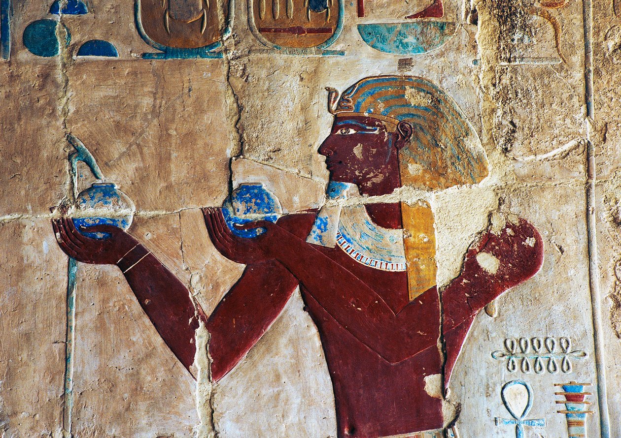 Bemaltes Relief von Thutmose, der Sokaris Wein anbietet, Totentempel von Hatschepsut, Deir el-Bahari, Luxor, Theben (Unesco-Welterbeliste) von Egyptian 18th Dynasty