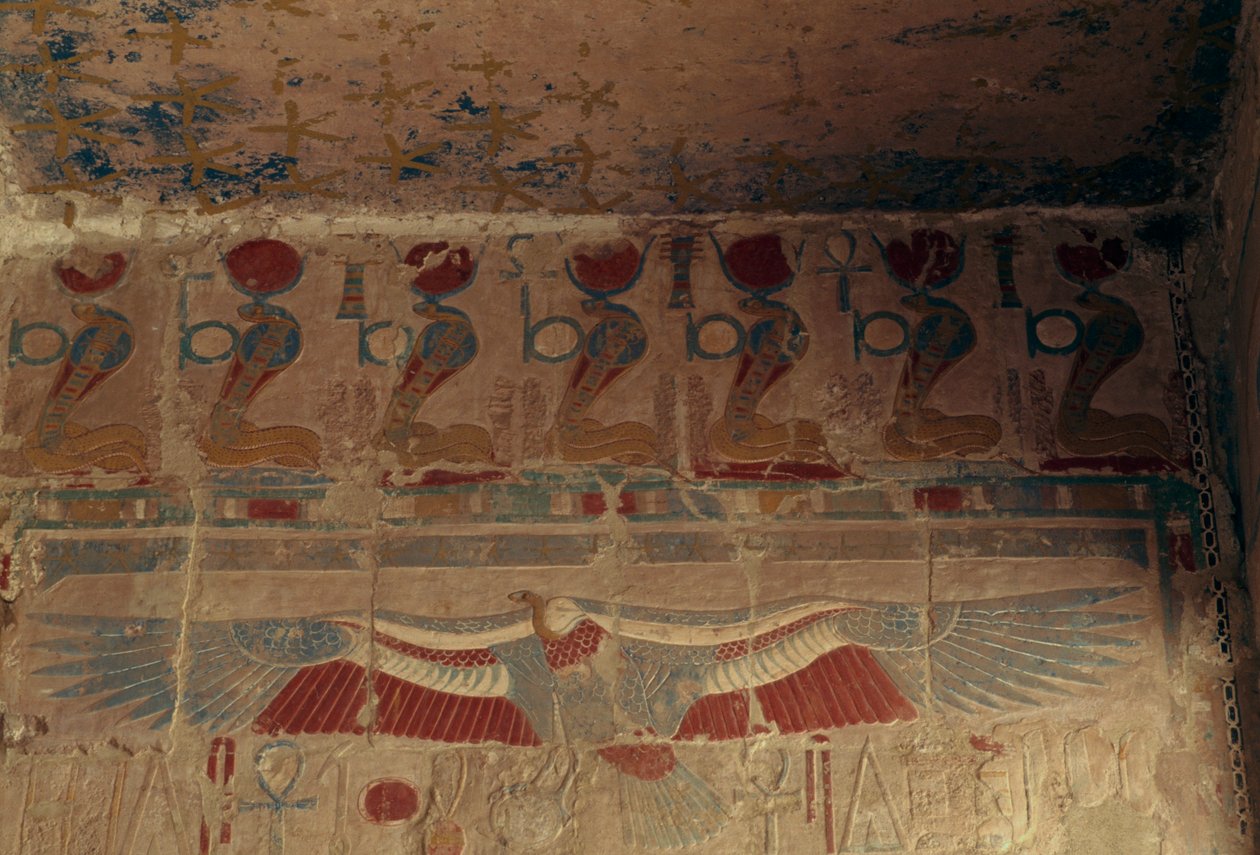 Painted wall with solar disk, uraeus and vulture of Upper Egypt, Mortuary Temple of Hatshepsut, Deir el-Bahari, Theban Necropolis by Egyptian 18th Dynasty