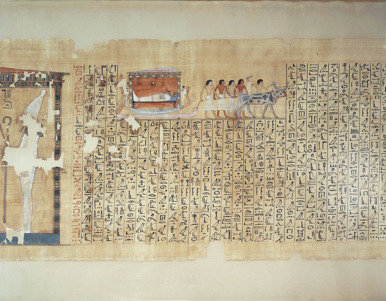 Papyrus Depicting Transportation of Sarcophagus on Carriage Pulled by Ox, from Book of the Dead of Maiherperi by Egyptian 18th Dynasty