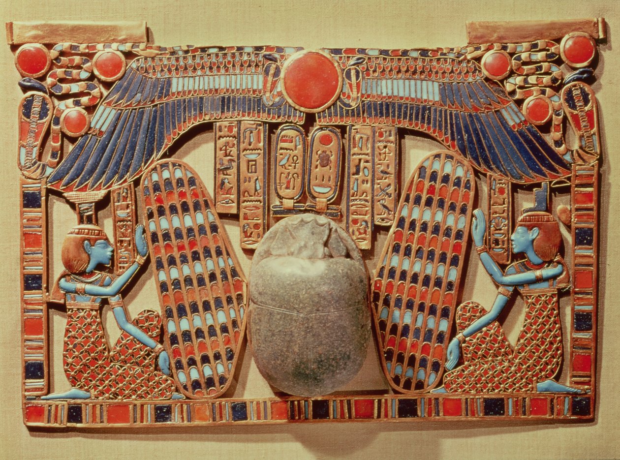 Pectoral decorated with the winged scarab protected by Isis and Nephthys, from the tomb of Tutankhamun by Egyptian 18th Dynasty