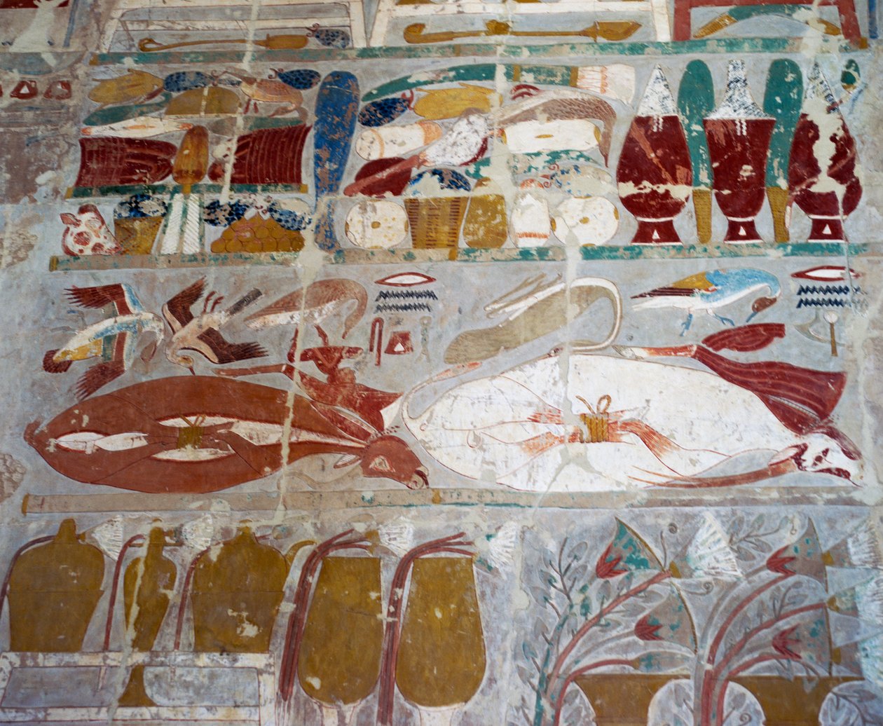 Provisions and Pottery Offered to Gods by Queen Hatshepsut, Painted Relief, Chapel of Anubis, Mortuary Temple of Queen Hatshepsut, Also Known as Djeser-Djeseru, Deir el-Bahri, Thebes. Egyptian Civilization, New Kingdom, Dynasty XVIII by Egyptian 18th Dynasty