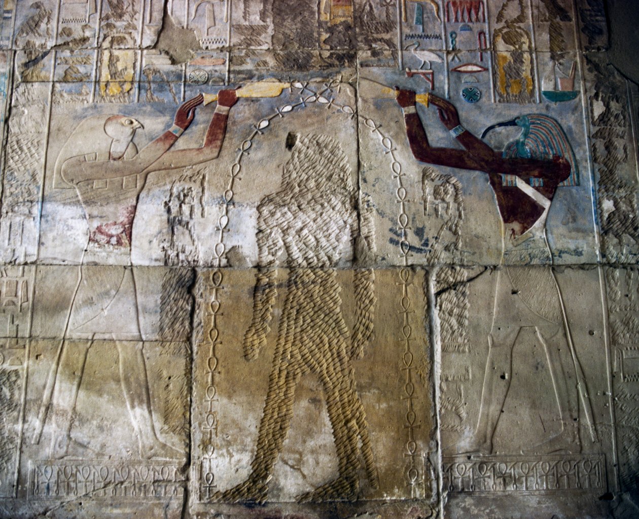 Queen Hatshepsut Between the God Horus and the God Thoth, Painted Relief, Hall of the Red Chapel of Hatshepsut, Karnak Temple Complex (Unesco World Heritage List) by Egyptian 18th Dynasty