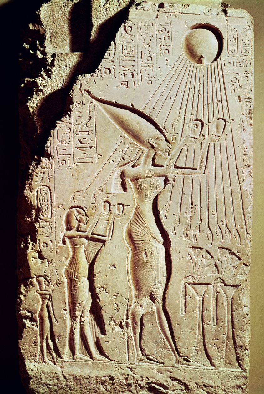 Relief depicting Amenophis IV (Akhenaten), Nefertiti and their Daughter, Meritaton, Making an Offering to Aten, from the Royal Palace at Tell El-Amarna by Egyptian 18th Dynasty